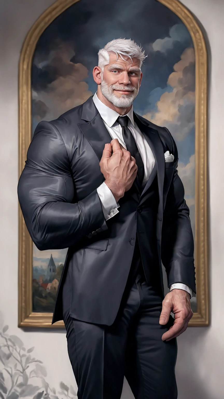 Highly detailed paintings, portraits, works of William-Adolf Bouguereau, Finnish Tom, Gaston Bussier, Alfons March, ethereal, poetic pastoral. Handsome Magazine! Beard, short hair, small head and tall man, wearing a black and gray open suit, open white shirt!!! ( 8K, masterpiece, best quality, high resolution, super detail) elegant! Fashion background!! HD, 8k, thin and tall! Muscled, chest hair, hairy chest muscles! Smirk, masterpiece, best quality, high resolution, detailed background, strong body, very, male, he is about 40 years old, strong and handsome, muscular tissue, too many muscles, chest muscles! Detailed background, best quality, masterpiece, (muscle: 1.5), (white hair: 1.5)