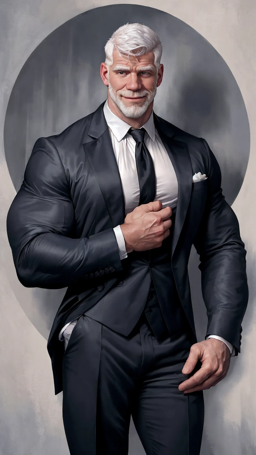 Highly detailed paintings, portraits, works of William-Adolf Bouguereau, Finnish Tom, Gaston Bussier, Alfons March, ethereal, poetic pastoral. Handsome Magazine! Beard, short hair, small head and tall man, wearing a black and gray open suit, open white shirt!!! ( 8K, masterpiece, best quality, high resolution, super detail) elegant! Fashion background!! HD, 8k, thin and tall! Muscled, chest hair, hairy chest muscles! Smirk, masterpiece, best quality, high resolution, detailed background, strong body, very, male, he is about 40 years old, strong and handsome, muscular tissue, too many muscles, chest muscles! Detailed background, best quality, masterpiece, (muscle: 1.5), (white hair: 1.5)