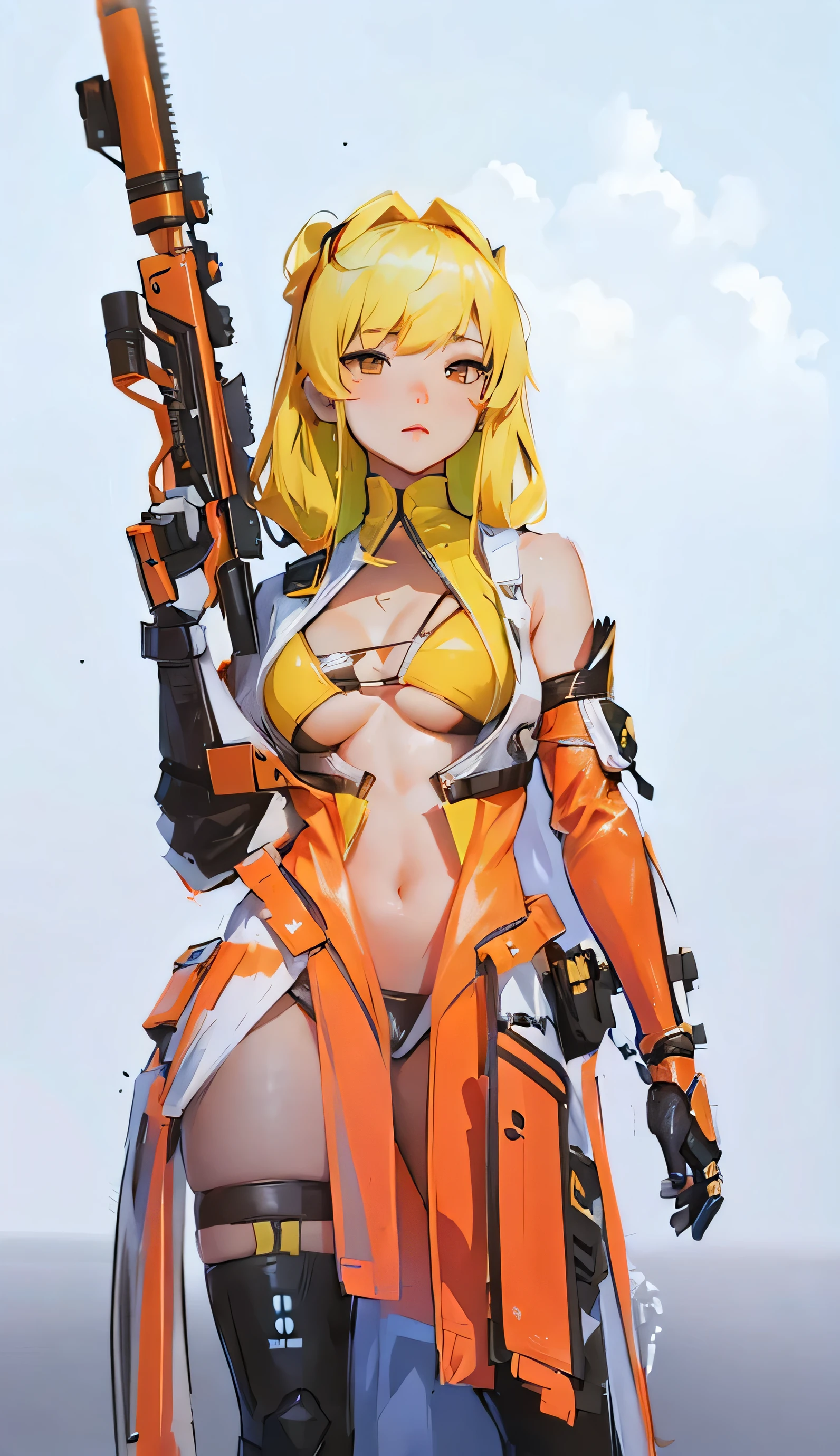 ((Best Quality, 8K, Masterpiece: 1.3)), best quality, ultra high res, a close up of a woman with a gun and a dress, ayaka genshin impact, m4 sopmod ii girls frontline, from overwatch, ayaka game genshin impact, as an overwatch character, from the azur lane videogame, as overwatch character, echo from overwatch, bikini armor, biomechanical oppai, bikini + tattered military gear, android heroine
