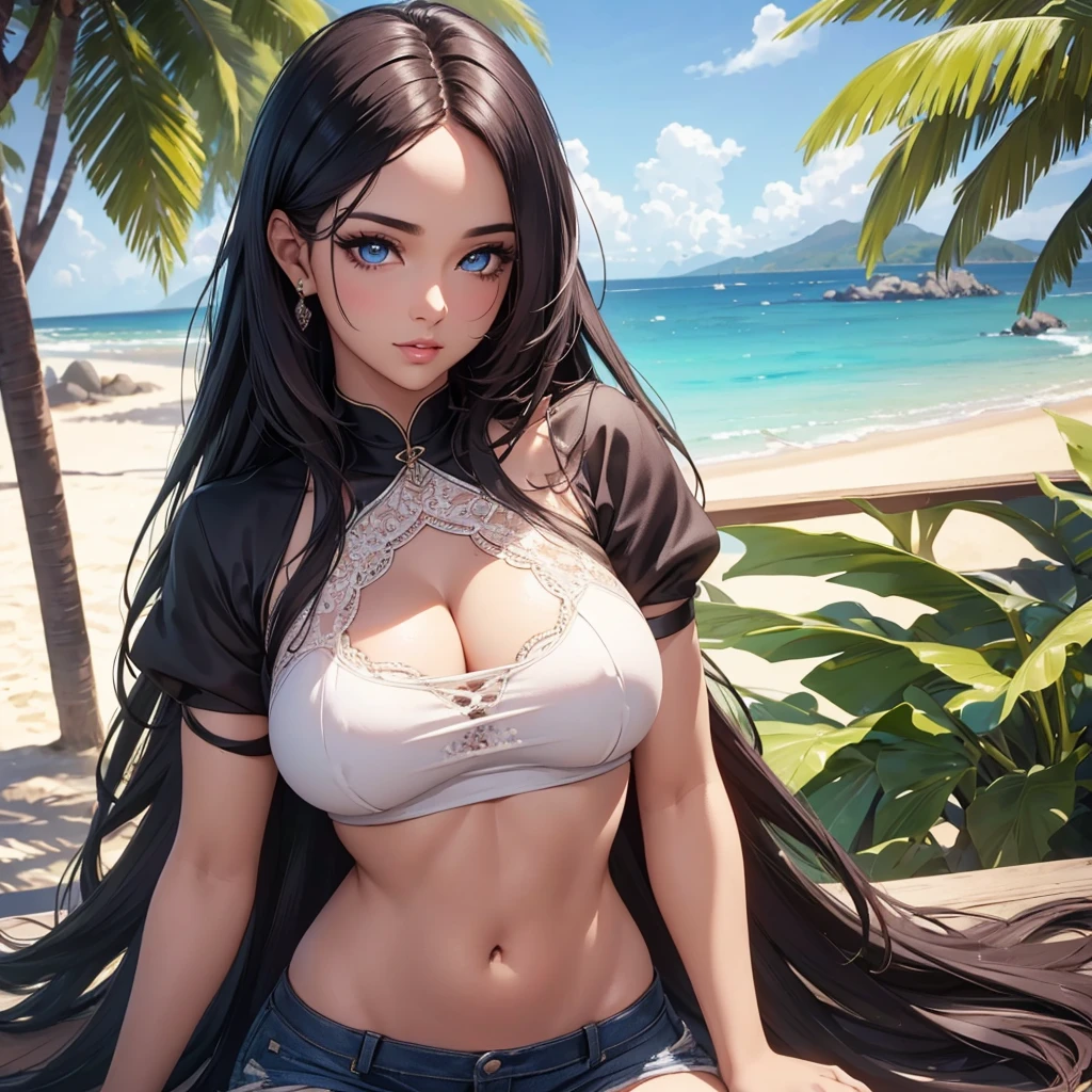 best quality,4k,8k,highres,masterpiece:1.2),ultra-detailed,(realistic,photorealistic,photo-realistic:1.37),srilankan 25 year old girl, with attractive facial features,beautiful detailed eyes,beautiful detailed lips,extremely detailed eyes and face,longeyelashes, big breast and blue eyes. posing elegantly for an instagram post. wearing a croptop and shorts. in a beach hotel