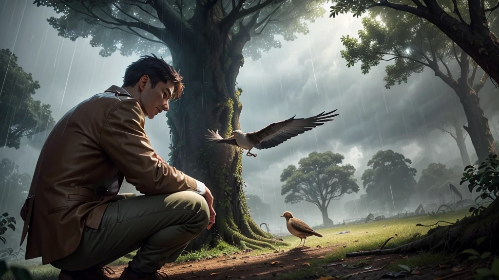 In a stormy rainy weather a man under tree approaching a wounded bird under a sunny flash light shining under the tree 