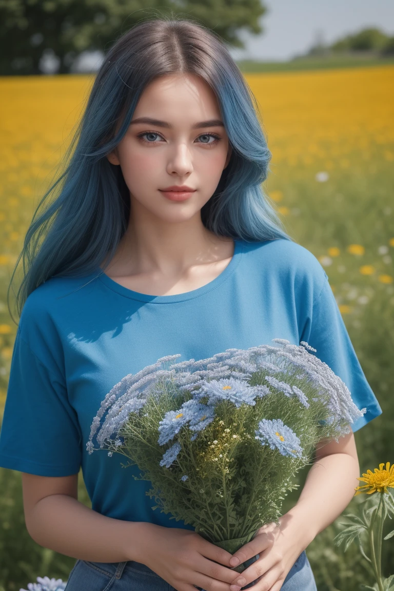 ,seul, (longs cheveux bouclés gingembre, yeux bleu,bouquet de fleur dans les meins, Asseyez-vous dans un champ de marguerites,, short bleu, T-shirt bleu,,BRUT,photographique,Ombres de photos,réaliste, 4k, 8k, réalisme, couleur chaudes, couleurs naturelles, ,élégant, regard sur le coté