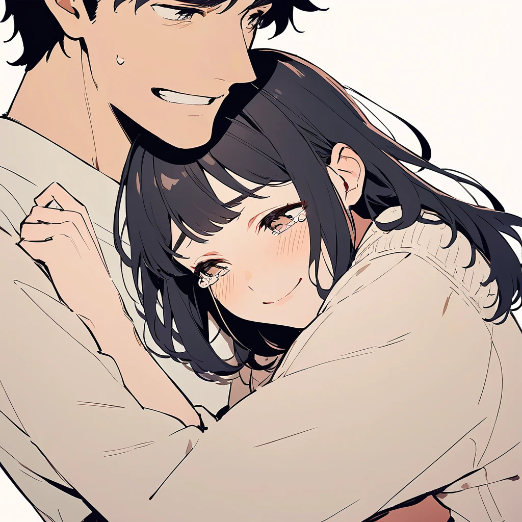Animated character style, man hugging woman, man gently smiling, woman crying, gentle atmosphere, casual clothing, simple background