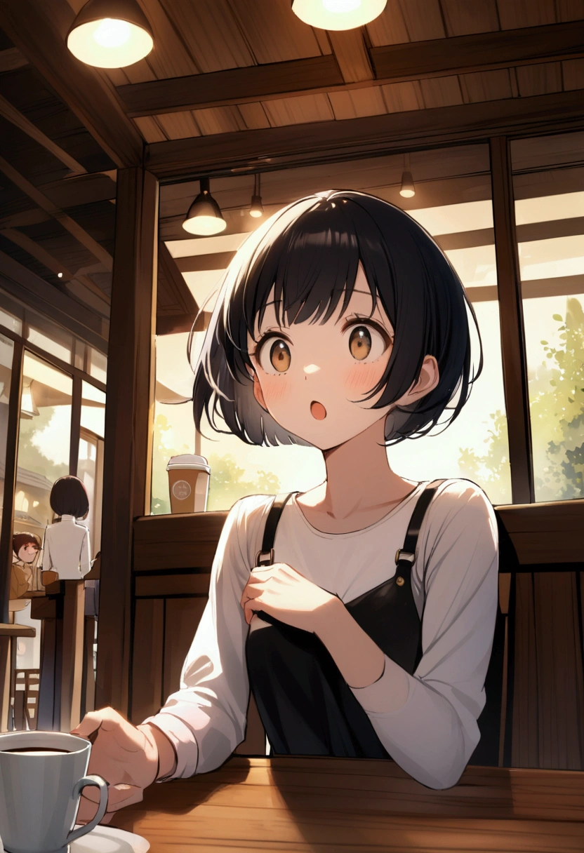 slender,a young girl,pixie cut,black hair,Cafe,from front,surprised