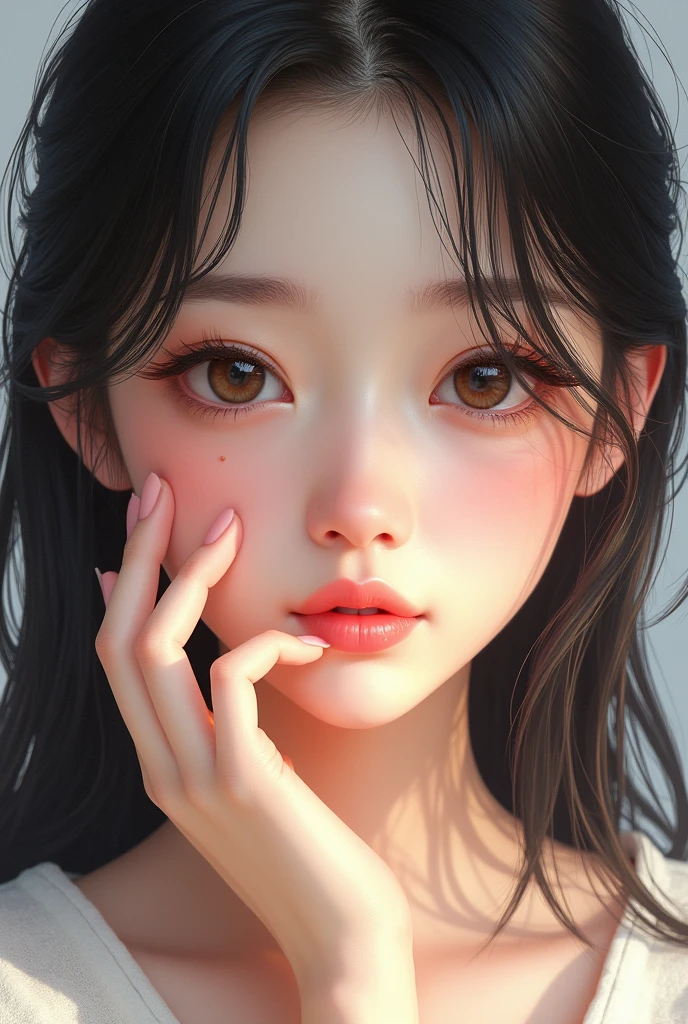 (Ultra Realistic), (Illustration), (High Resolution), (8K), (Very Detailed), (Best Illustration), (Beautiful and Detailed Eyes), (Best Quality), (Ultra Detailed), (Masterpiece), (Wallpaper), (Detailed Face), Facial Pore,Solo,One Girl,, Fine Detail, Detailed Face, (Detail),(Realistic Lighting: 1.1),À la Fed image of long haired woman smiling at photo, One adorable Korean face, , Korean female actress, , cute Korean actress, gorgeous young Korean woman,