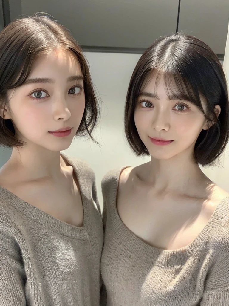 (masterpiece:1.3), (8k, Photoreal, Raw photo, best image quality: 1.4), Japanese high school girl、(random hairstyle:1.2)、cleavage:1.5、super detail face、eye for details、double eyelid、chest to chest、sharp focus:1.2、Beautiful woman:1.4、light brown hair、highest quality、masterpiece、超A high resolution、(Photoreal:1.4)、Highly detailed and professionally lit smiles、loose and light knitwear、shoulder out、thin、serious expression、short haired、deadly position
similar identical twins
All the girls have the exact same face, The two have the same face and figure, as if they were mirror images.