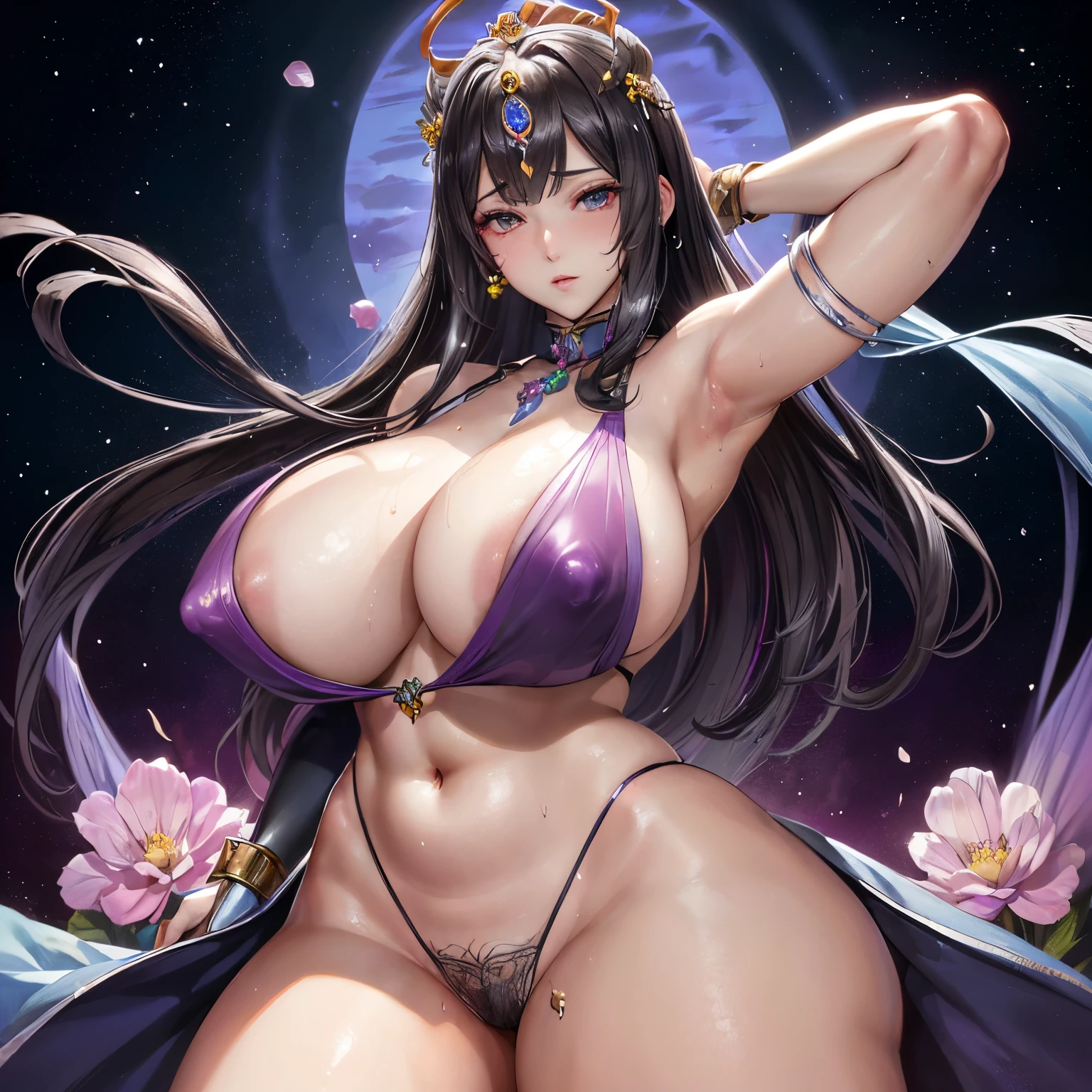 装飾的なGorgeousドレスを着た女性, Flowers in hair, CG society hot topic, Fantasy art, ((Beautiful Fantasy Empress)), アニメのgoddess,  8K high quality, detailed art, 美しく優雅なQueen, Beautiful Celestial Magician, Very luxurious, (((Sweaty,Sweat pours down,Beautiful sweaty armpits,Slimy and shiny armpits,Mature women showing off their armpits))), (((Sweaty,Sweat pours down,I'm showing my  here,Emphasis on the crotch,beautiful  line,Anal hole,Pee))),gem, nice, wonderful, Gorgeous, noble, Noble,  (((goddess))), Queen,(((古代の衣装を着たgoddess))),Glowing Skin,Perfect Face,中国のgoddess，Black Hair,Saggy , Huge breasts,Cleavage,Temple Background,High resolution decoration