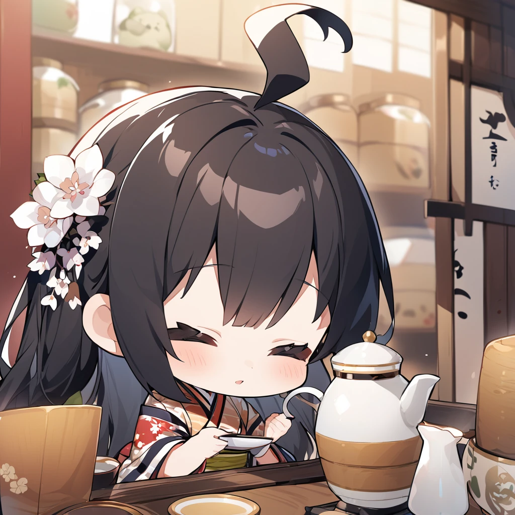 A girl in a kimono at a tea shop offers Japanese tea、Chibi Character、Ahoge、Black Hair、Close-up