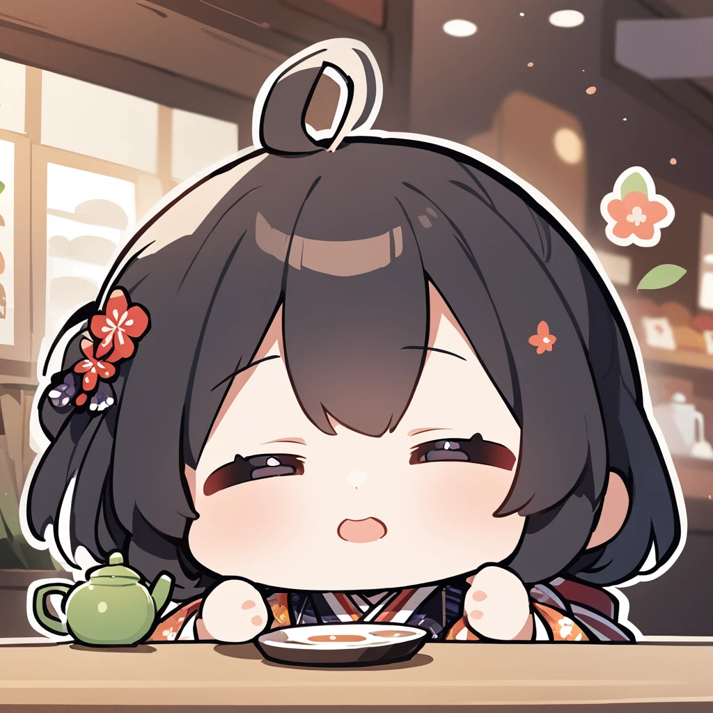 A girl in a kimono at a tea shop offers Japanese tea、Chibi Character、Ahoge、Black Hair、Close-up