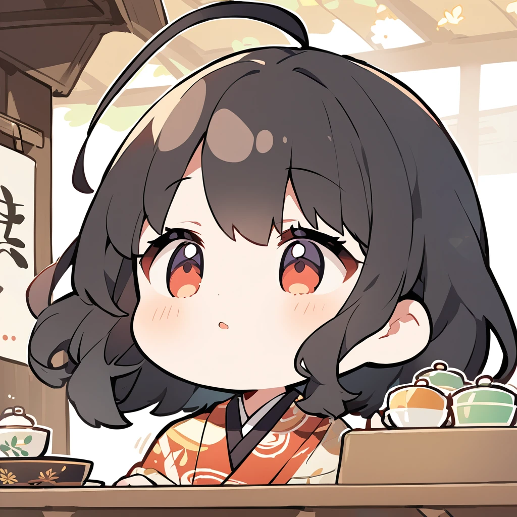 A girl in a kimono at a tea shop offers Japanese tea、Chibi Character、Ahoge、Black Hair、Close-up