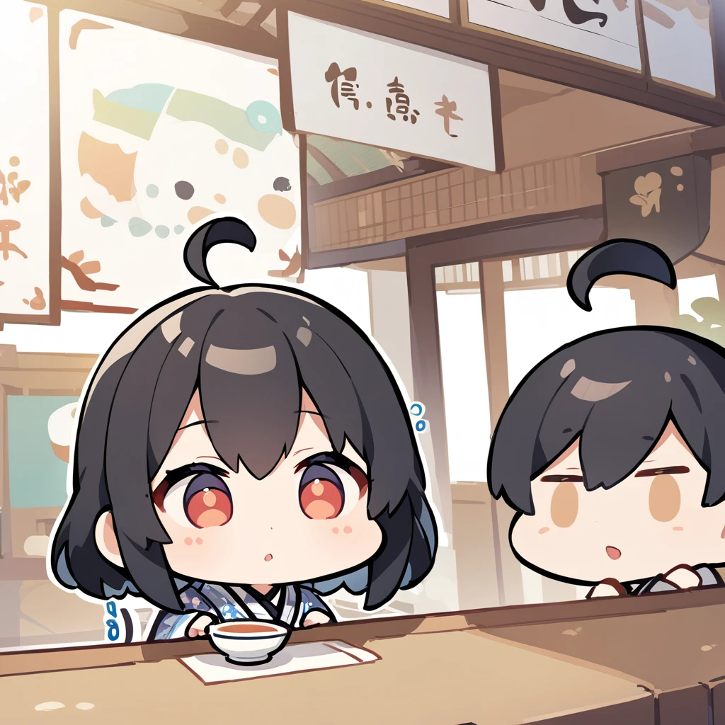 A girl in a kimono at a tea shop offers Japanese tea、Chibi Character、Ahoge、Black Hair、Close-up