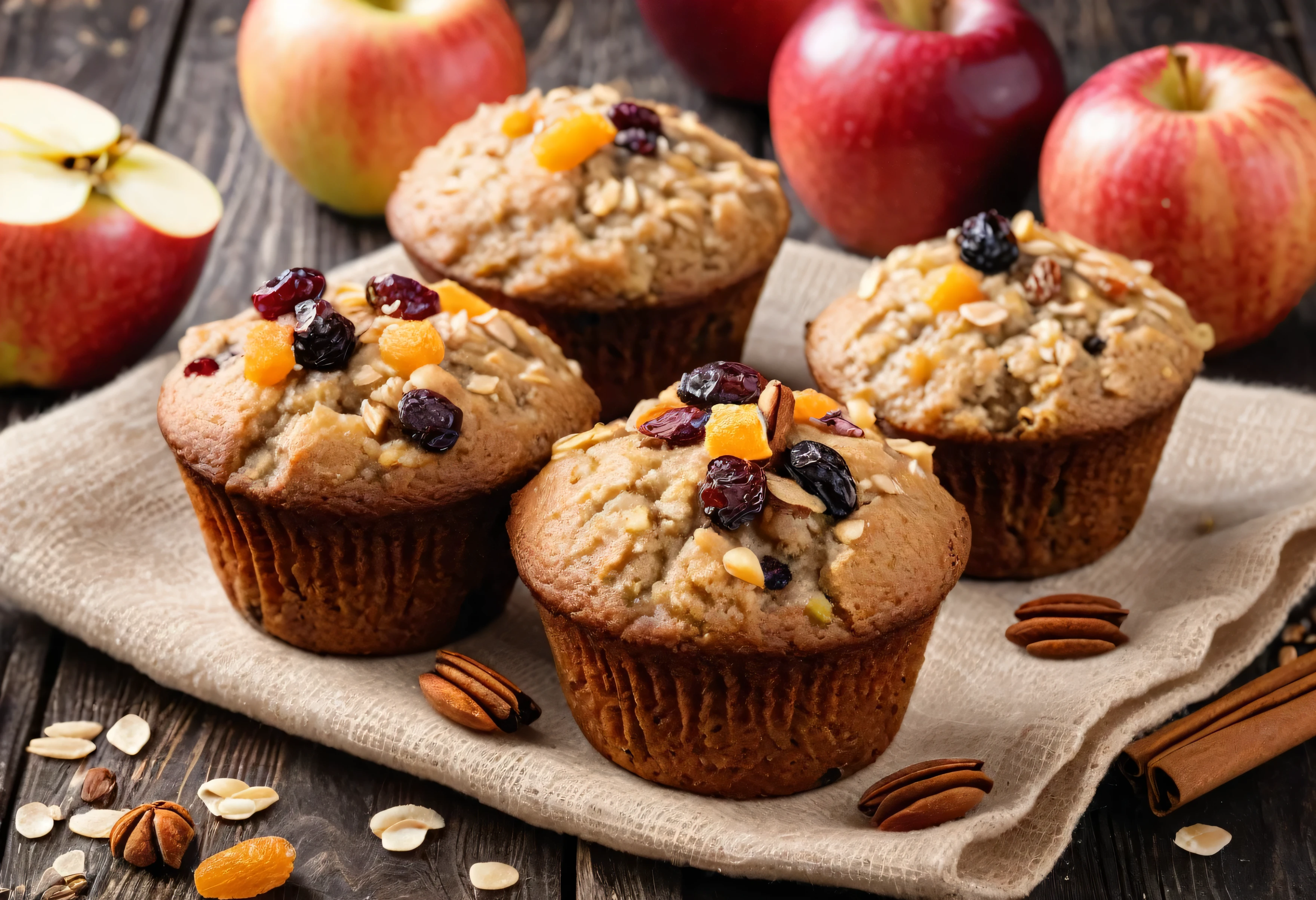 photo of an apple oatmeal muffins, with small pieces of chopped dried fruits, photo, food photography, HD, 4K, realistic