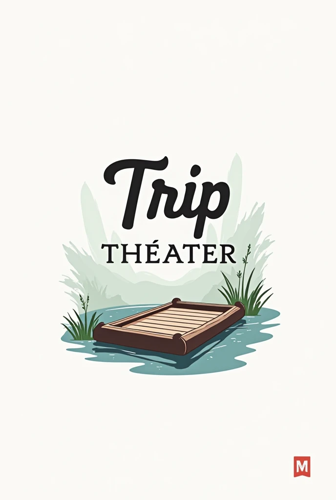 A cute raft motif illustration is used as the background.、A modern and sophisticated monotone logo with the Trip Theater lettering in the center.。