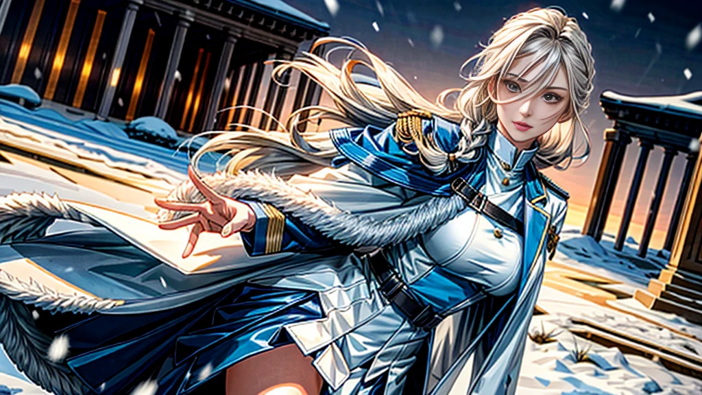 (highest resolution, distinct_image), realistic, Best quality, single person, one girl, solo, masterpiece, highly detailed, realistic, long hair, braided white blond hair, (blue military uniform underneath the coat), depth of field, (falling snow), ((big breasts)), authoritative, dignified, calm and powerful expression, ambient lighting, exquisite facial feature, (fur-trimmed white coat), open coat, short skirt, looking at viewer, head to waist, dynamic angle, light smile, ((from front)), full body, (((quiet and spacious plaza in background)))