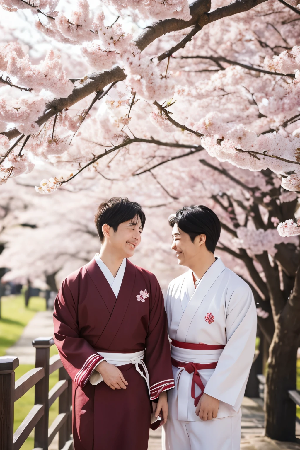 Under the falling cherry blossoms。Two men in traditional Japanese clothing are smiling and having a conversation。A composition looking down from the top of the cherry blossoms。The wind is blowing。Warm Spring Light。