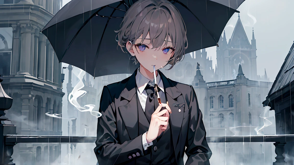 Dark grey and light brown hair、Looking down with cold eyes、Showing from the waist up、Black suit draped over shoulders、Wearing a white shirt underneath、black tie、Blue-violet eyes、Rainy background、Open umbrella in hand。Beauty、Detailed picture、Detailed clothing、(((Hold a lit cigarette in your mouth)))、(((イケメン風のBeauty)))