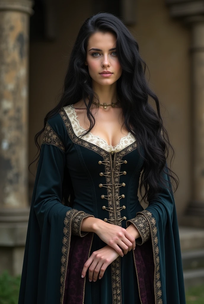 Girl with long hair, black in color, blue colored eyes. with big breasts, slim with hips and ass, no belly. Dressed as a princess from the Middle Ages, with her hair somewhat gathered and with a promising full-length neckline