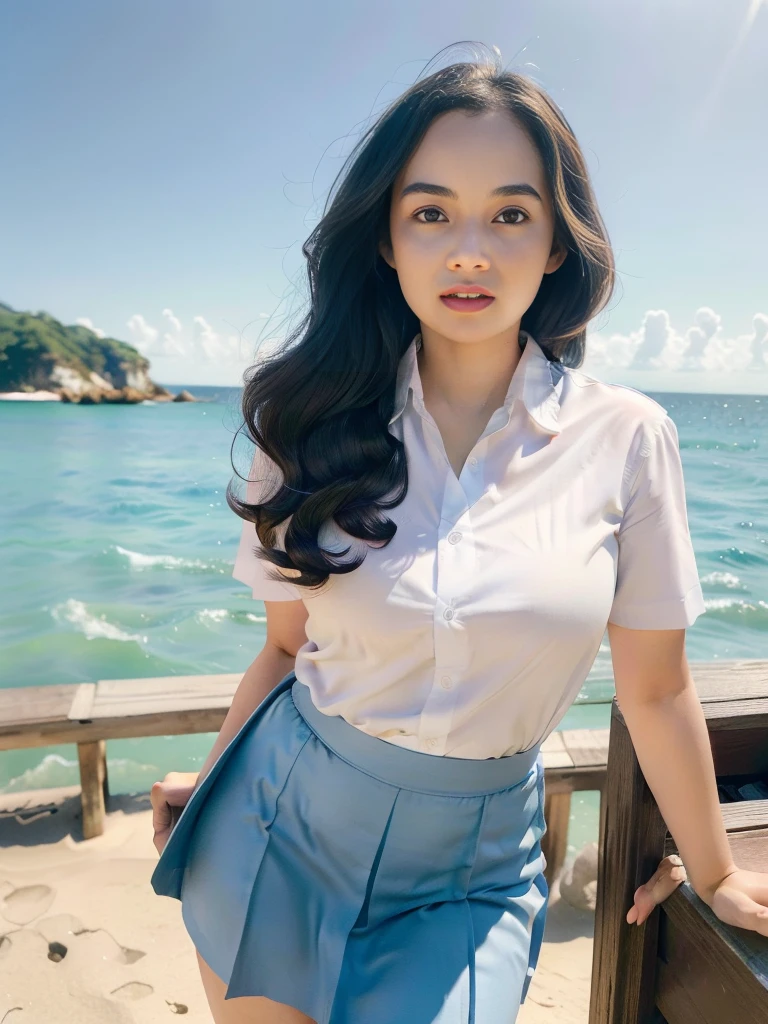 1girl, solo, (uniform), standing, at the beach, beautifully ocean scenery, detailed face, cute face, detailed eyes, thick breasts, smooth realistic skin, tight white shirt, tight blue grey miniskirt, looking at the audience, low angle shot,(8k, RAW photo, best quality, masterpiece: 1.2), (realistic, realistic: 1.37), ultra-high resolution