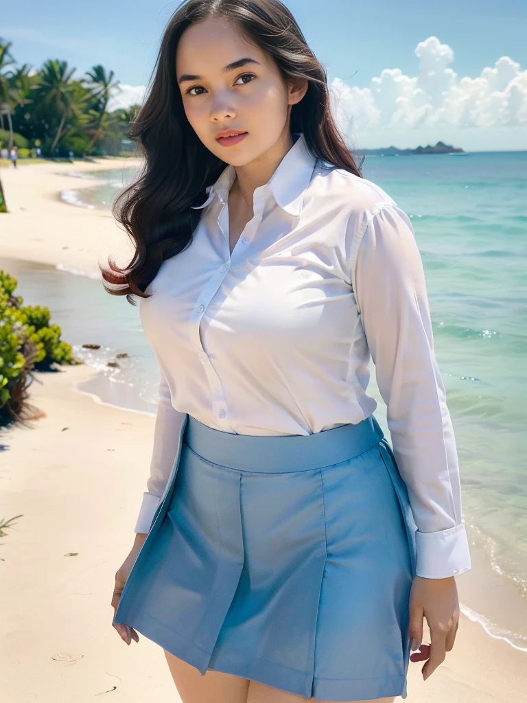 1girl, solo, (uniform), standing, at the beach, beautifully ocean scenery, detailed face, cute face, detailed eyes, thick breasts, smooth realistic skin, tight white shirt, tight blue grey miniskirt, looking at the audience, low angle shot,(8k, RAW photo, best quality, masterpiece: 1.2), (realistic, realistic: 1.37), ultra-high resolution