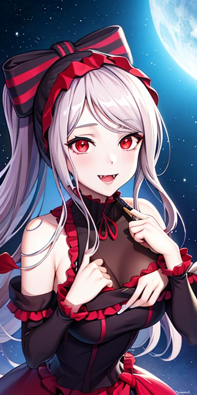 masterpiece, best quality, ShalltearV4, 1girl, solo, dress, frills, bow, hair bow, fangs, pale skin, glowing, glowing eyes, portrait, vampire