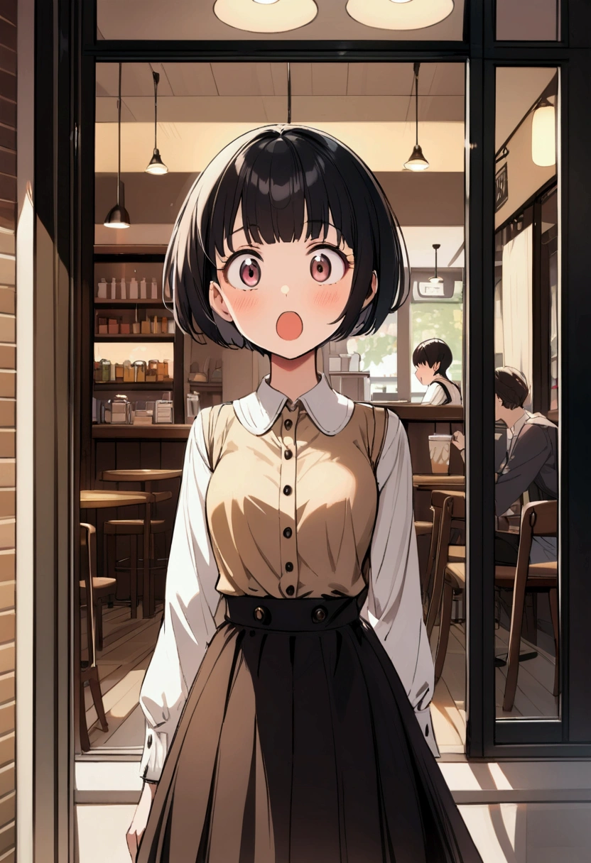slender,a young girl,pixie cut,black hair,Cafe,from front,surprised