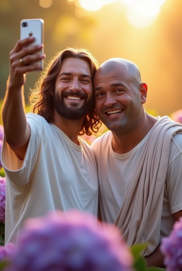 Jesus Christ and Buddha take a selfie with hydrangeas in the background. They are smiling happily with wise and benevolent faces. they are shining. selfie on mobile phone, Surrounded by rainbow-colored light. Jesus of Nazareth is depicted as a gentle, gentle man with shoulder-length hair. His wavy brown hair flows over his shoulders. His captivating hazel eyes convey deep wisdom and empathy, radiating warmth and understanding. Buddha is depicted as a kind-hearted Japanese man with a shaved head and a gentle and cheerful expression. His captivating dark eyes convey deep wisdom and empathy, radiating warmth and understanding. They are wearing white T-shirts and jeans. In the hydrangea field. Close-up, highly detailed, trending at the art station, sharp focus, studio shot, intricate details, Greg Rutkowski,