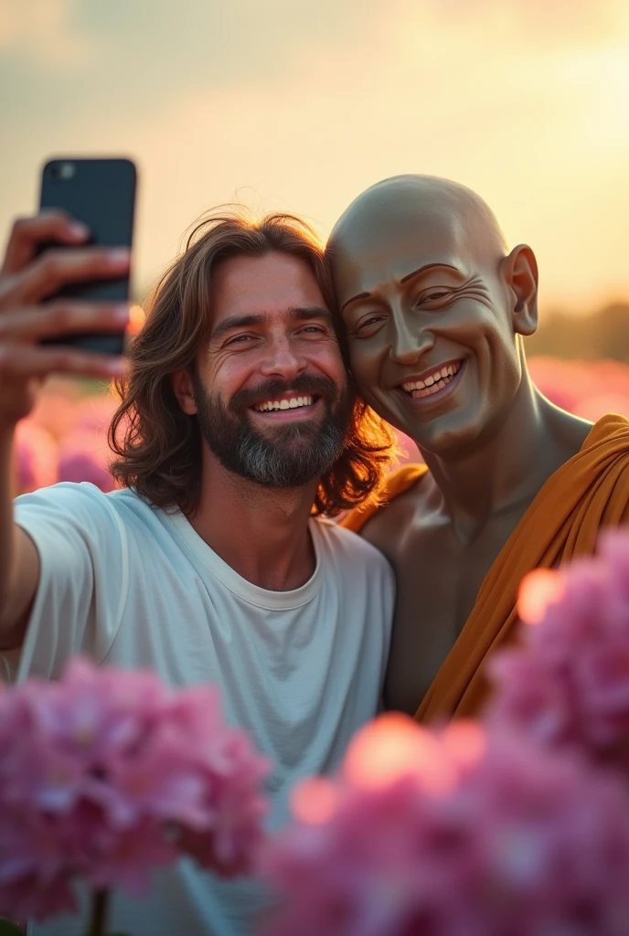 Jesus Christ and Buddha take a selfie with hydrangeas in the background. They are smiling happily with wise and benevolent faces. they are shining. selfie on mobile phone, Surrounded by rainbow-colored light. Jesus of Nazareth is depicted as a gentle, gentle man with shoulder-length hair. His wavy brown hair flows over his shoulders. His captivating hazel eyes convey deep wisdom and empathy, radiating warmth and understanding. Buddha is depicted as a kind-hearted Japanese man with a shaved head and a gentle and cheerful expression. His captivating dark eyes convey deep wisdom and empathy, radiating warmth and understanding. They are wearing white T-shirts and jeans. In the hydrangea field. Close-up, highly detailed, trending at the art station, sharp focus, studio shot, intricate details, Greg Rutkowski,