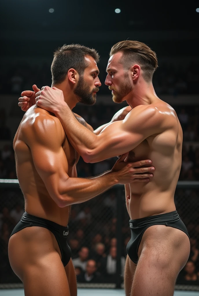 An attractive young muscular 40-year old naked man is wrestling a 20-year old fully naked wrestler in an arena, fierce faces, nude