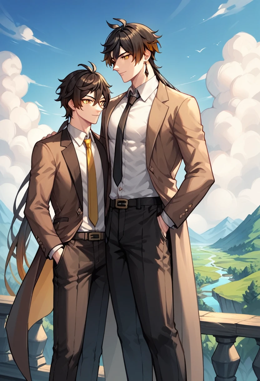 score_9, score_8_up, score_7_up, score_6_up, score_5_up, score_4_up, source_anime, a ,1boys,Zhongli \(genshin impact\),((long hair, black hair)),yellow eyes,calm,brown suit,white shirt,black pants,necktie,Alps,nature,mountain,day,cloud,Cute Ukiyo-e,worth,
dungeon, best quality, best res, 4K UHD,