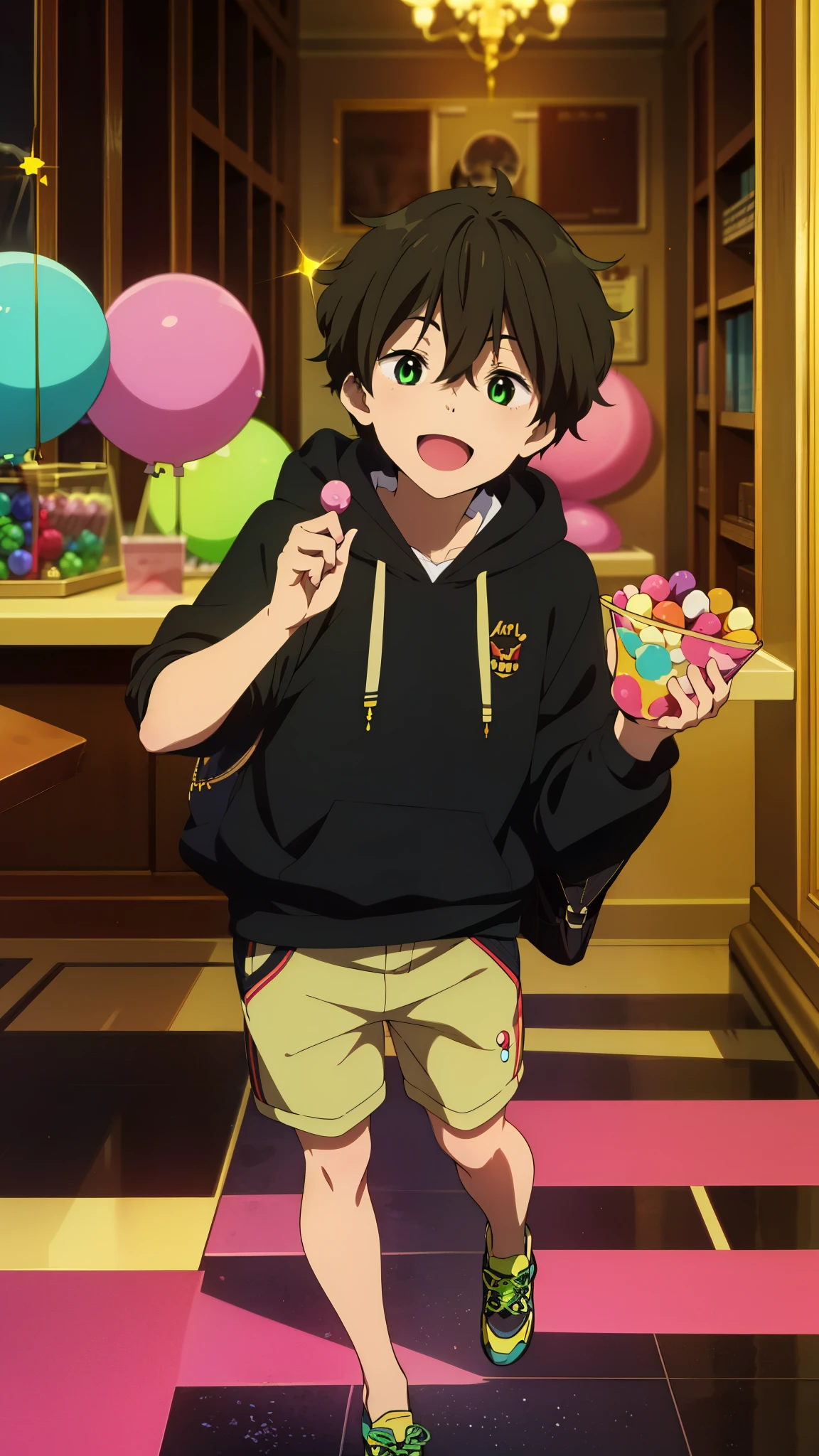 1 boy, brown hair, green eyes, hoodie, random cute face, super happy smiling, open mouth, full body shot, zoom camera, sweet candy , lots of bubbles, glitters, haerts, chocolate, feathers, land of sweets
, anime_coloring,anime_keyvisual, colorful,vivid