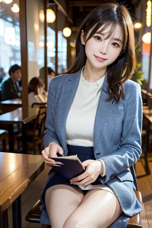 A beautiful Japanese woman is reading a book early in the morning at a cafe near an office district。Wearing a suit。