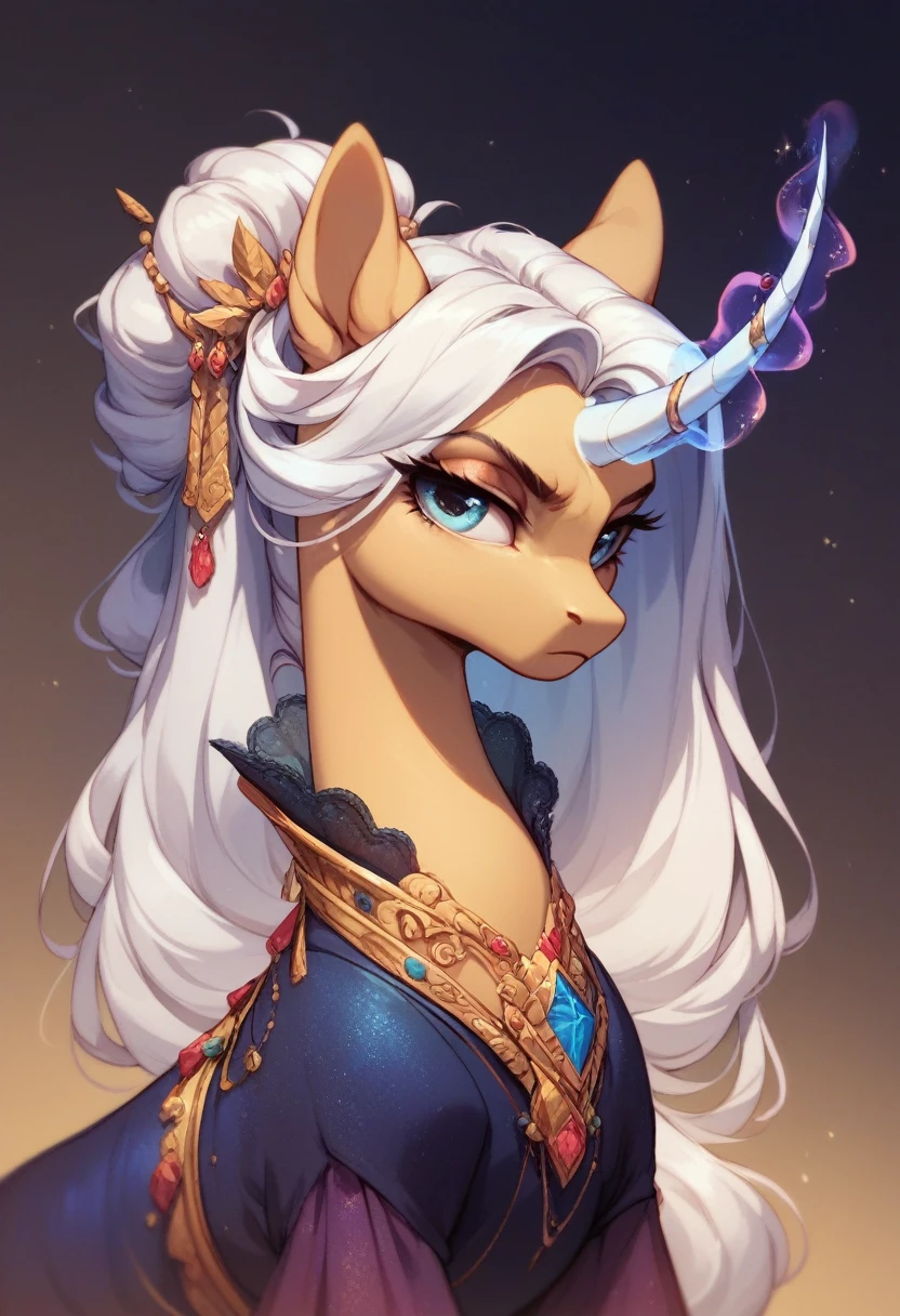 Pony Unicorn, It's dark. curved horn, unusual magical traces. Beautiful clothes. Serious face. Elongated body. Any distinction. Magic. Mixing colors. Accessories are new.
