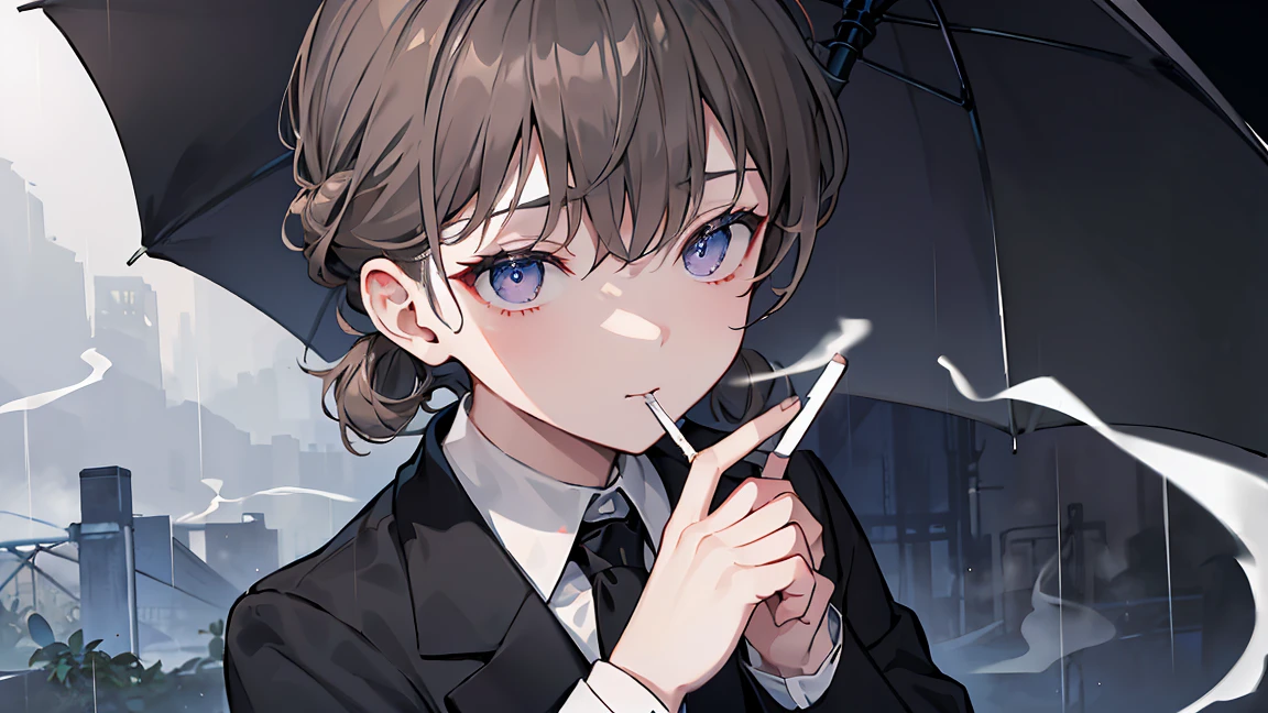 Dark grey and light brown hair、Hair tied back、Looking down with cold eyes、Showing from the waist up、Black suit draped over shoulders、Wearing a white shirt underneath、black tie、Blue-violet eyes、Rainy gray background、Open umbrella in hand。Beauty、Detailed picture、Detailed clothing、(((Hold a lit cigarette in your mouth)))、(((イケメン風のBeauty)))