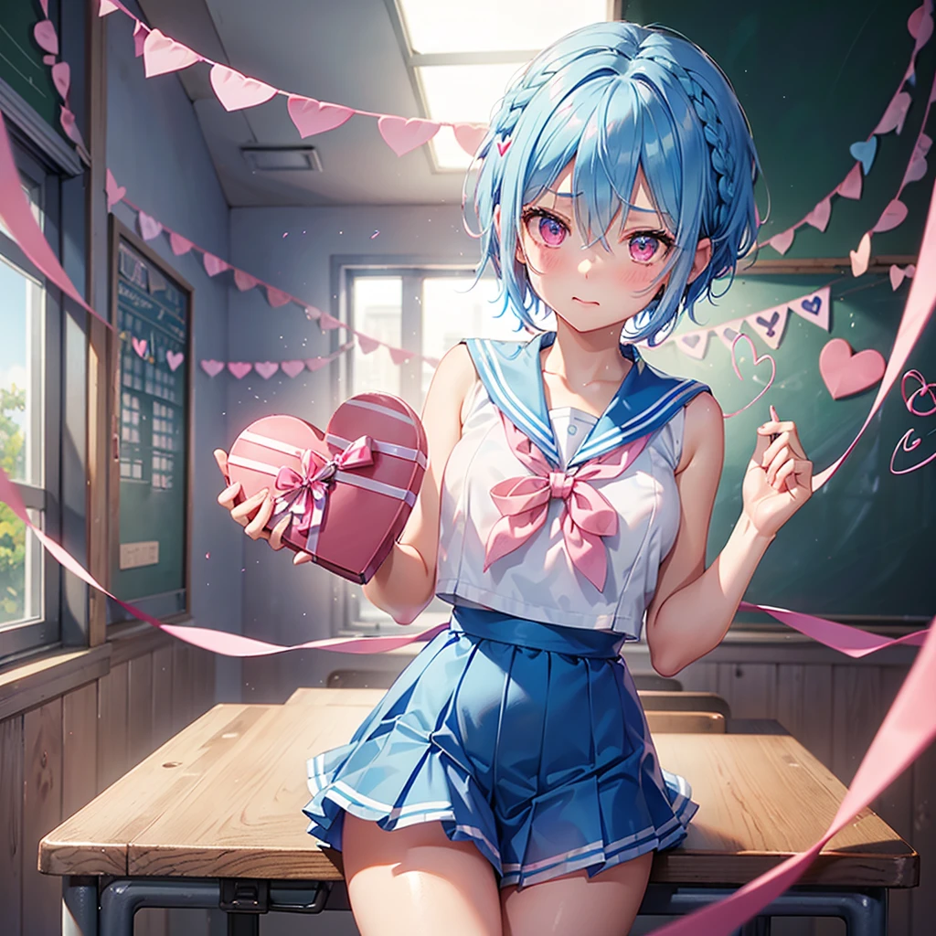 (Sky blue hair),(Braided short hair), (Pink Eyes),Fair skin) ,(whole body),(One Girl),(Embarrassed),(The background is a school classroom,blackboard),(Heart-shaped chocolate),(Put your hands in front of you),(Sailor suit),(valentine's day),(masterpiece, Highest quality, Very detailed, Best Shadow), (Detailed Background), (Beautifully detailed face), High Contrast, (Best lighting, Very delicate and beautiful), ((Cinematic Light)), Hyper Detail,8k, Dramatic Light, Intricate details,High quality