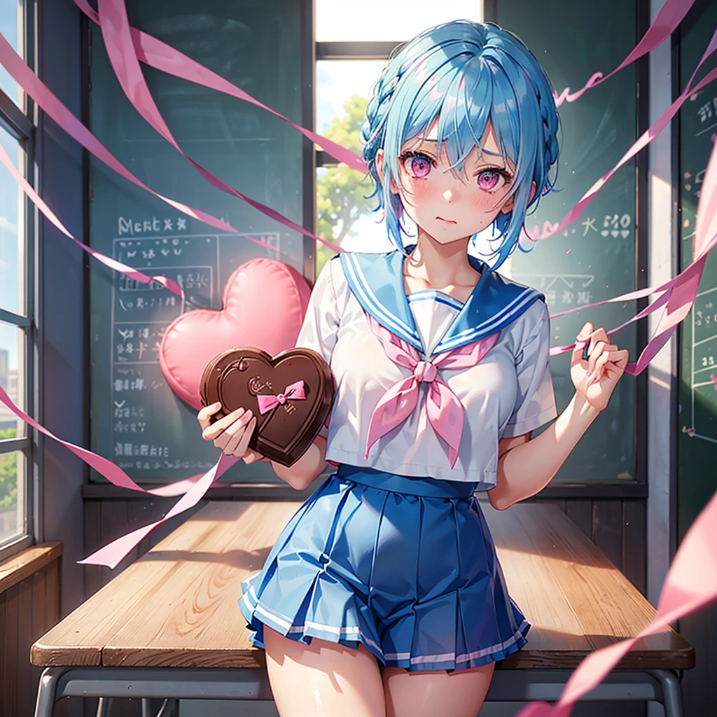 (Sky blue hair),(Braided short hair), (Pink Eyes),Fair skin) ,(whole body),(One Girl),(Embarrassed),(The background is a school classroom,blackboard),(Heart-shaped chocolate),(Put your hands in front of you),(Sailor suit),(valentine's day),(masterpiece, Highest quality, Very detailed, Best Shadow), (Detailed Background), (Beautifully detailed face), High Contrast, (Best lighting, Very delicate and beautiful), ((Cinematic Light)), Hyper Detail,8k, Dramatic Light, Intricate details,High quality