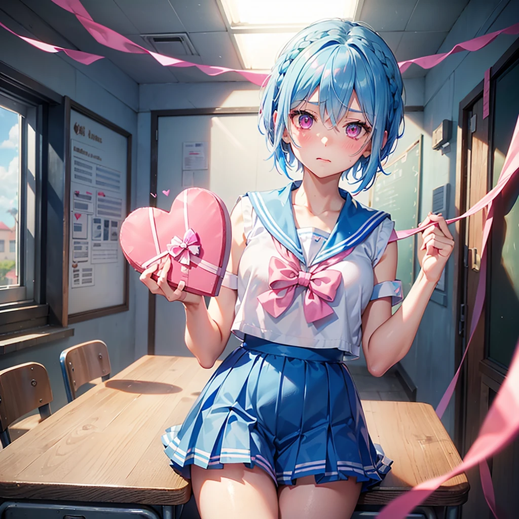 (Sky blue hair),(Braided short hair), (Pink Eyes),Fair skin) ,(whole body),(One Girl),(Embarrassed),(The background is a school classroom,blackboard),(Heart-shaped chocolate),(Put your hands in front of you),(Sailor suit),(valentine's day),(masterpiece, Highest quality, Very detailed, Best Shadow), (Detailed Background), (Beautifully detailed face), High Contrast, (Best lighting, Very delicate and beautiful), ((Cinematic Light)), Hyper Detail,8k, Dramatic Light, Intricate details,High quality