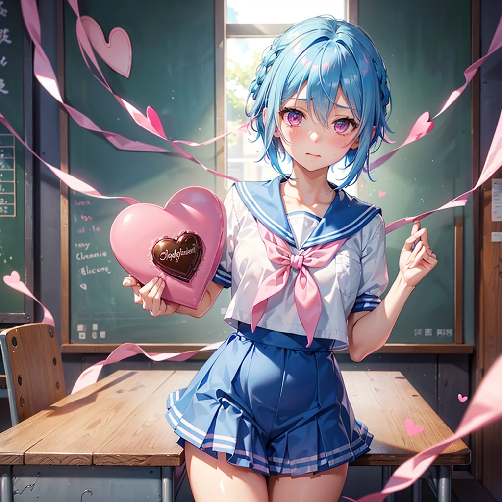 (Sky blue hair),(Braided short hair), (Pink Eyes),Fair skin) ,(whole body),(One Girl),(Embarrassed),(The background is a school classroom,blackboard),(Heart-shaped chocolate),(Put your hands in front of you),(Sailor suit),(valentine&#39;s day),(masterpiece, Highest quality, Very detailed, Best Shadow), (Detailed Background), (Beautifully detailed face), High Contrast, (Best lighting, Very delicate and beautiful), ((Cinematic Light)), Hyper Detail,8k, Dramatic Light, Intricate details,High quality