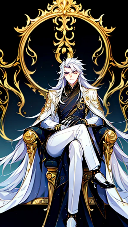 Handsome, solo, 1 male, long hair, white hair, yelow eye, wearing a black shirt, black and white suit, and black dress shoes, sitting on a golden chair with extremely beautiful and majestic dragon-engraved details.