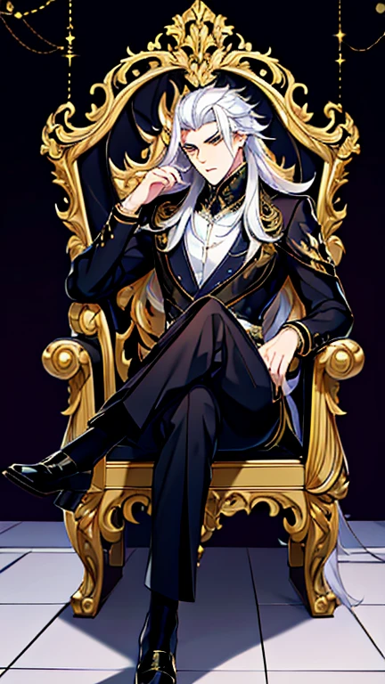 Handsome, solo, 1 male, long hair, white hair, yelow eye, wearing a black shirt, black and white suit, and black dress shoes, sitting on a golden chair with extremely beautiful and majestic dragon-engraved details.