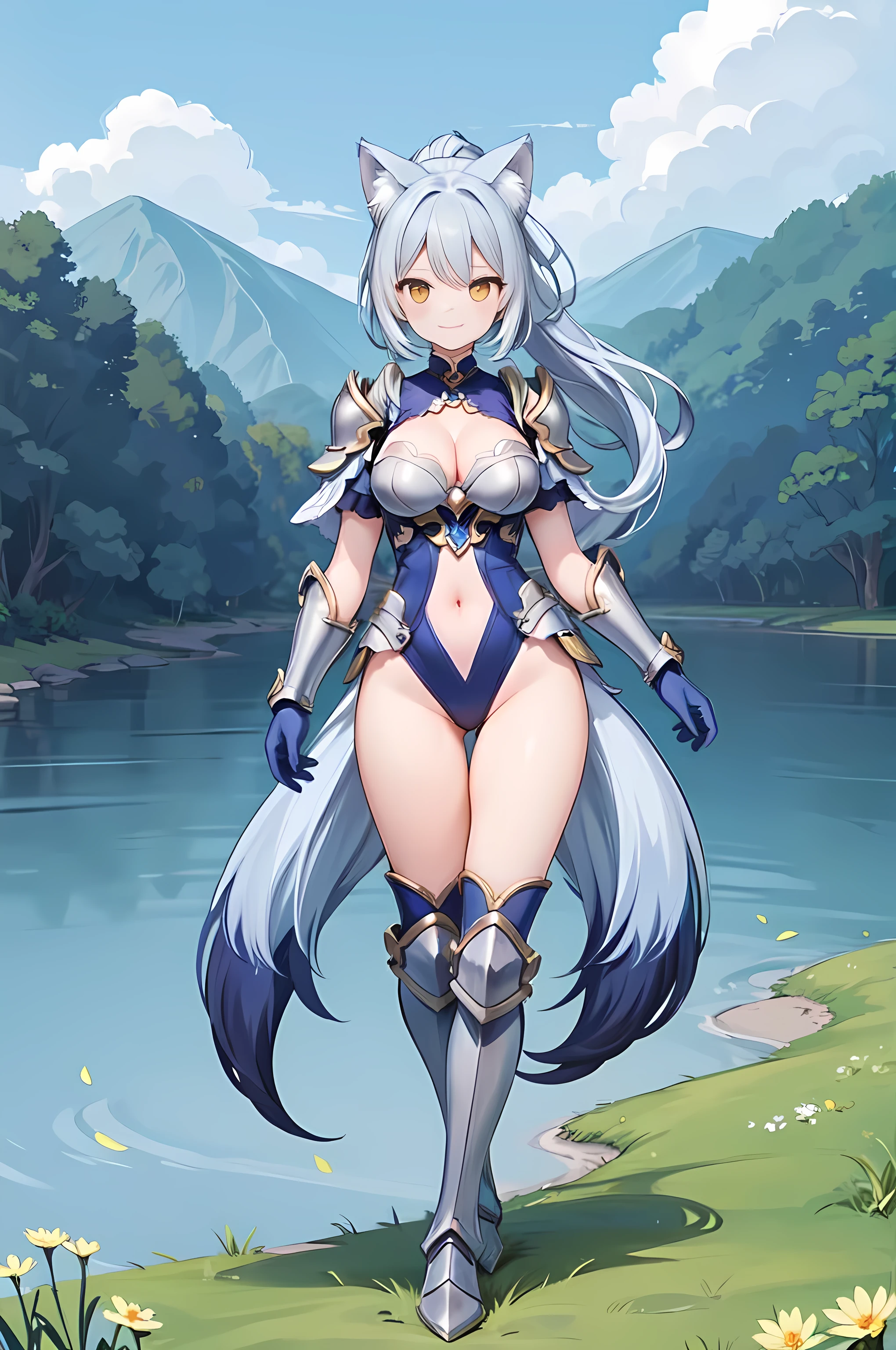 Masterpiece, 1girl, animal ear fluff, animal ears, armor, armored boots, bangs, blue gloves, blue hair, blue leotard, blue thighhighs, boots, breasts, cleavage, closed mouth, clothing cutout, cloud, day, flower, fox ears, fox tail, full body, gloves, grass, grey hair, perfect body, perfect breasts, leotard, long hair, looking at viewer, navel, navel cutout, outdoors, ponytail, shoulder armor, sky, smile, solo, standing, tail, tree, water, yellow eyes, Genshin Impact style