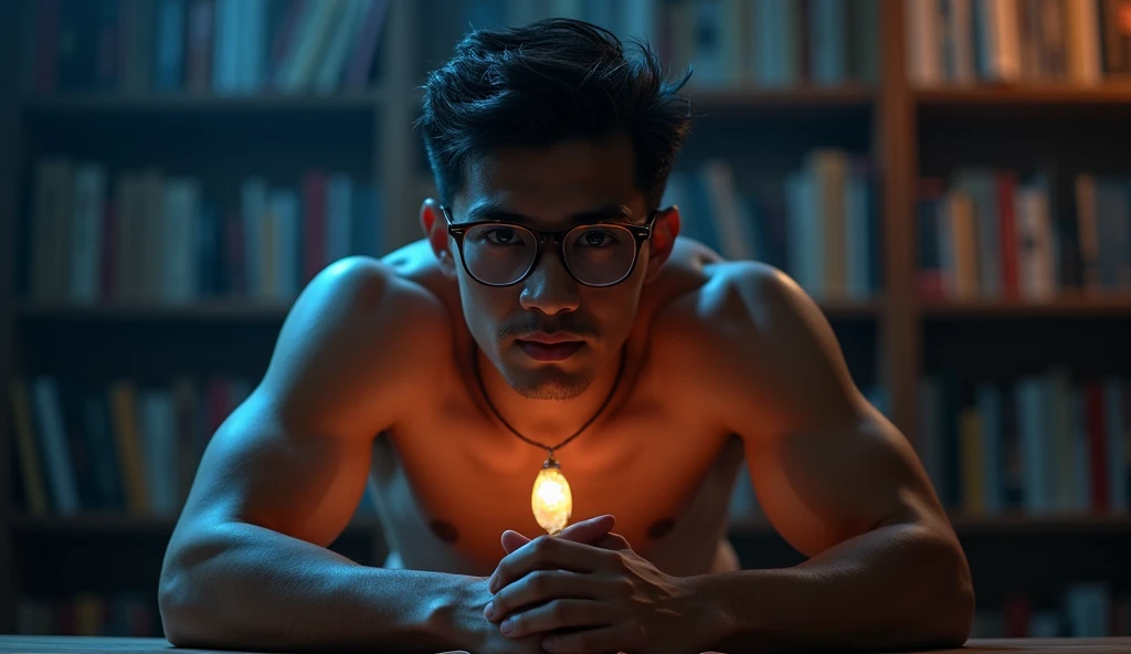 nsfw, best quality, masterpiece, extremely detailed, masculine, sexy, homoerotic, 25 year old bruneian malay man, wearing glasses, round face with chubby cheeks, athletic muscular build, cheeky smile, fitted clothes, glowing quartz crystal pendant, bends forward and elbows on a table, in library, side view, afterhours, lights off, at midnight, cinematic shadows, dreamy atmosphere, perfect face, perfect hands, perfection