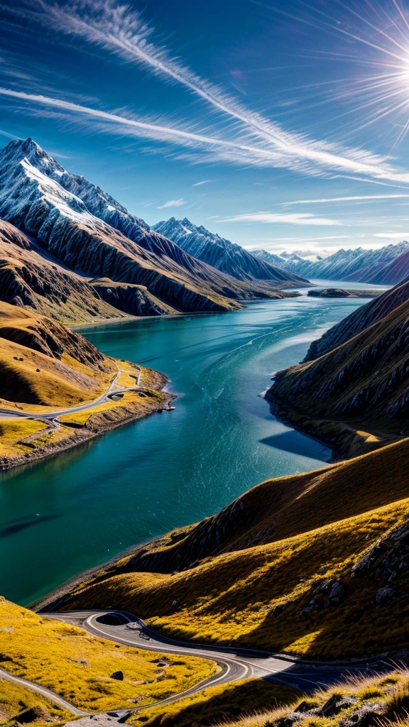 Epic Landscapes of New Zealand, ultra detailed professional photo, bright colors, sunny day, Perfect viewing angle