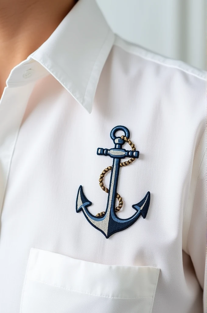 Anchor embroidery on white linen shirt 