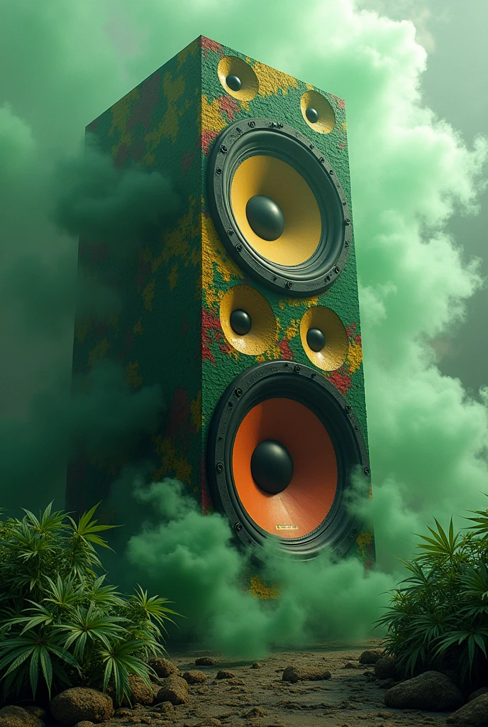 Giant speaker with multiple speakers colored in the colors of Jamaica, emitting smoke with marijuana leaves