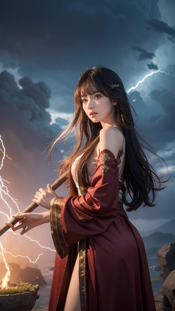 a stunning oriental female mage, sexy, erotic, sensual, long hair with coloured highlights, bangs, wearing sexy mage robes with a clothing cutout, holding a staff aloft in her hand lifted up towards the sky, calling down thunder and lightning from a surreal, stormy sky, with reddish clouds appearing to boil and swirl, spiraling around a black hole. Perfect Composition, realistic photographic image, RAW photo highest quality, viewed from the side