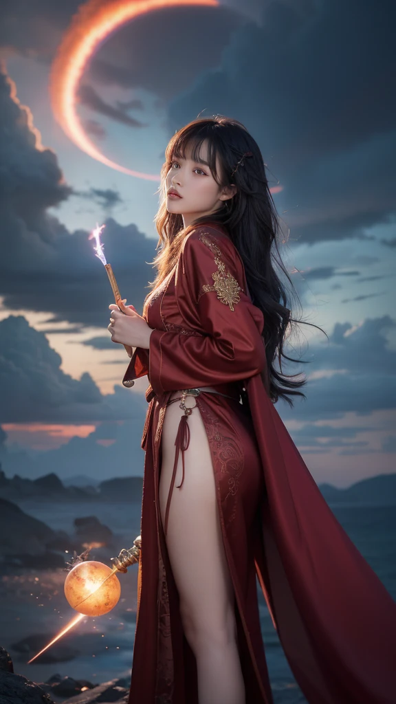 a stunning oriental female mage, sexy, erotic, sensual, long hair with coloured highlights, bangs, wearing  sexy mage robes with a clothing cutout, holding a staff aloft in her hand lifted up towards the sky, calling down thunder and lightning from a surreal, stormy sky, with reddish clouds appearing to boil and swirl, spiraling around a black hole. Perfect Composition, realistic photographic image, RAW photo highest quality, viewed from the side