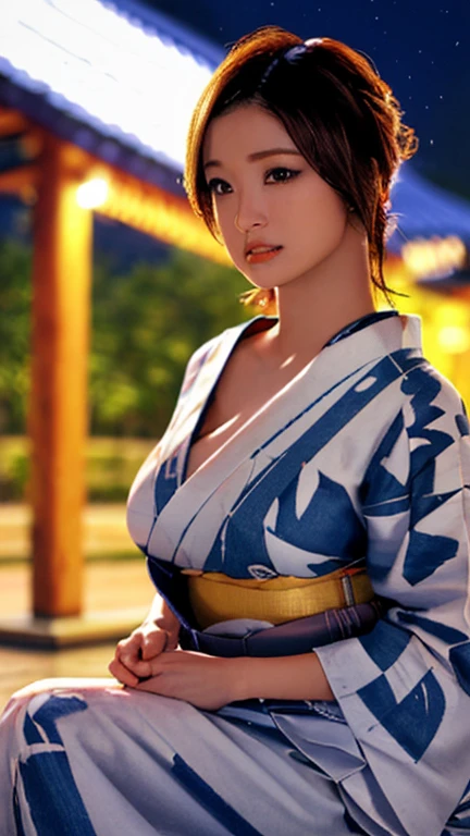 (masterpiece, Highest quality:1.4), (beautiful, beautiful, perfection, delicate, Complex:1.2), (cute, Adorable), (Realistic:1.3), Cinematic shots, Moody lighting, (One girl, alone), (perfection female form, perfection face, Thick lips, Glossy Lips, Lips parted, Expressive eyes, eyeliner), (Long black straight hair), (Huge natural breasts, Narrow waist), Glowing Skin, Glowing Skin, Exposing shoulders, Sweat, kimono, Torn clothes, (Pause, とてもセクシーなPause, Sitting), Sweat, Japanese Temples, (At night:1.4),Overflowing breasts!