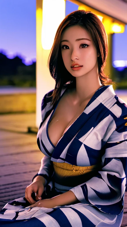 (masterpiece, Highest quality:1.4), (beautiful, beautiful, perfection, delicate, Complex:1.2), (cute, Adorable), (Realistic:1.3), Cinematic shots, Moody lighting, (One girl, alone), (perfection female form, perfection face, Thick lips, Glossy Lips, Lips parted, Expressive eyes, eyeliner), (Long black straight hair), (Huge natural breasts, Narrow waist), Glowing Skin, Glowing Skin, Exposing shoulders, Sweat, kimono, Torn clothes, (Pause, とてもセクシーなPause, Sitting), Sweat, Japanese Temples, (At night:1.4),Overflowing breasts!