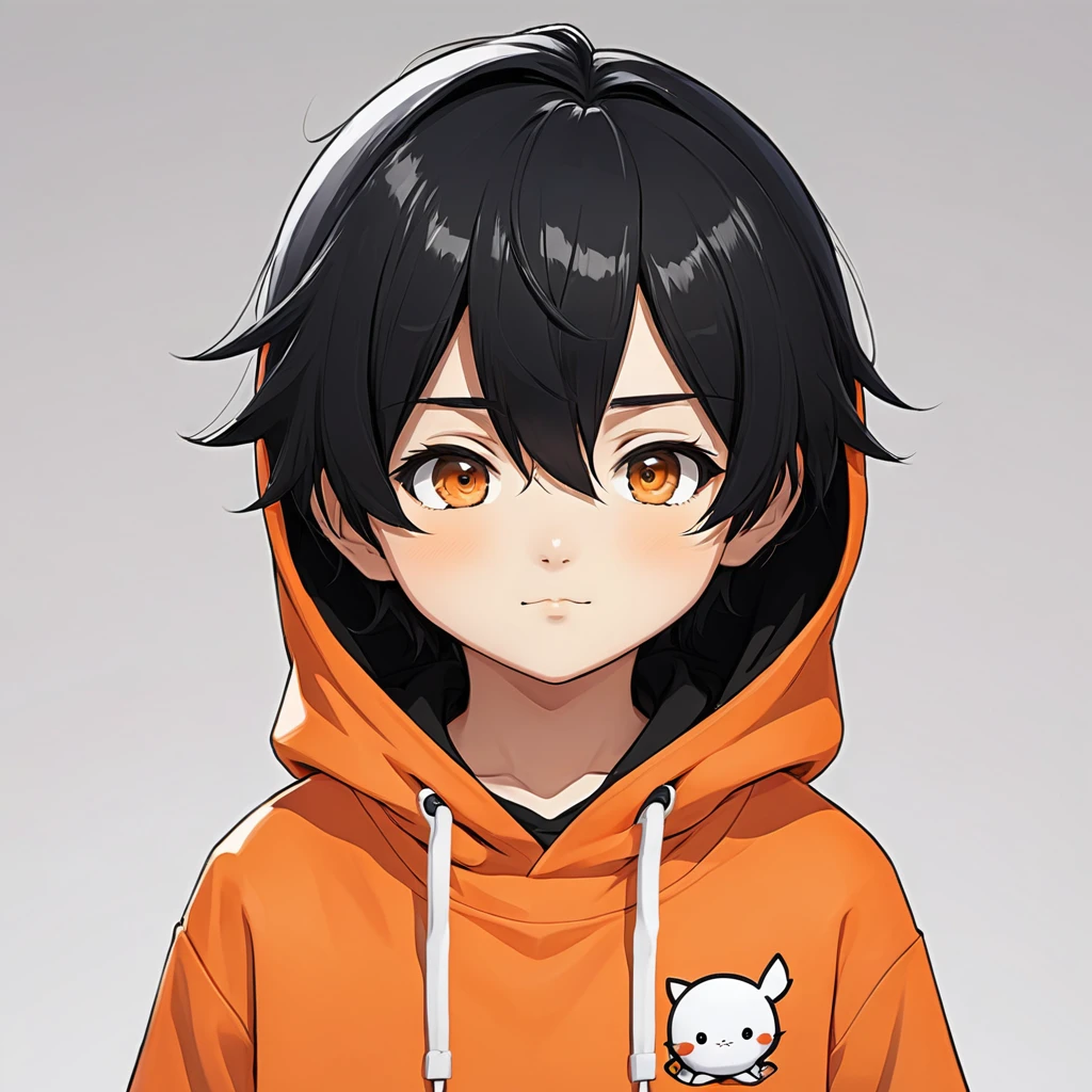 Cute 、anime、mascot、Orange hoodie、The background is simple white、Black Hair、Upper body from the waist up