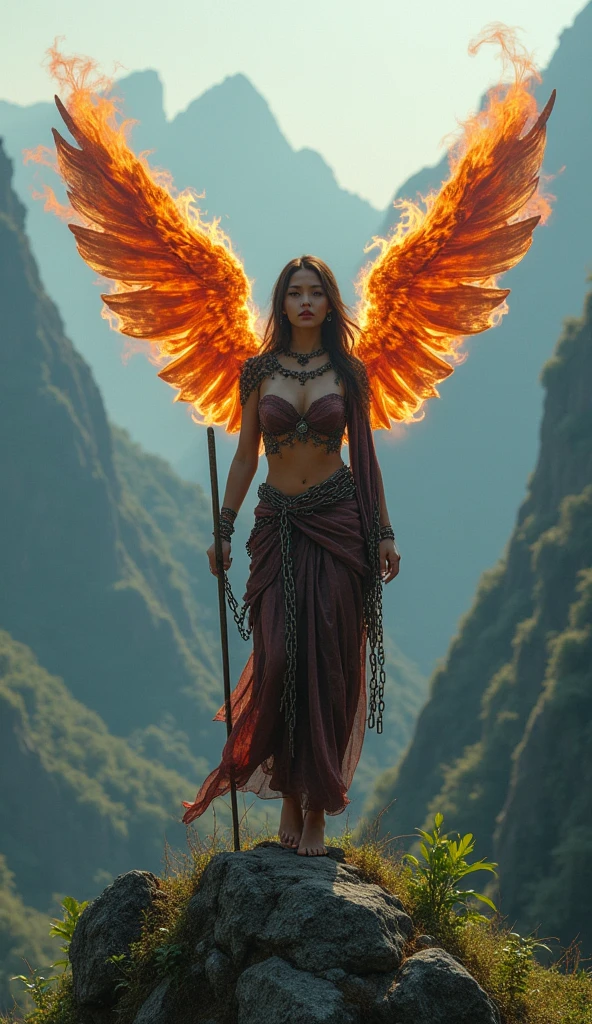 Naked, nude, topless, A woman wearing a shawl made of iron, big and sexy breasts, super sexy, beautiful, with wings made of fire like phoniex, holding a spear, wearing a red long skirt, covered chains dull rust, chains, above the sky, flying over the mountains, hovering, with a shooting angle from the front, very realistic, sci-fi fantasy, cenematic, (complex detail: 0. 9), (hdr, hyperdetail: 1.2), RAW, Sony Alpha a9 II, 24-105mm f/4, HDR, indonesian woman